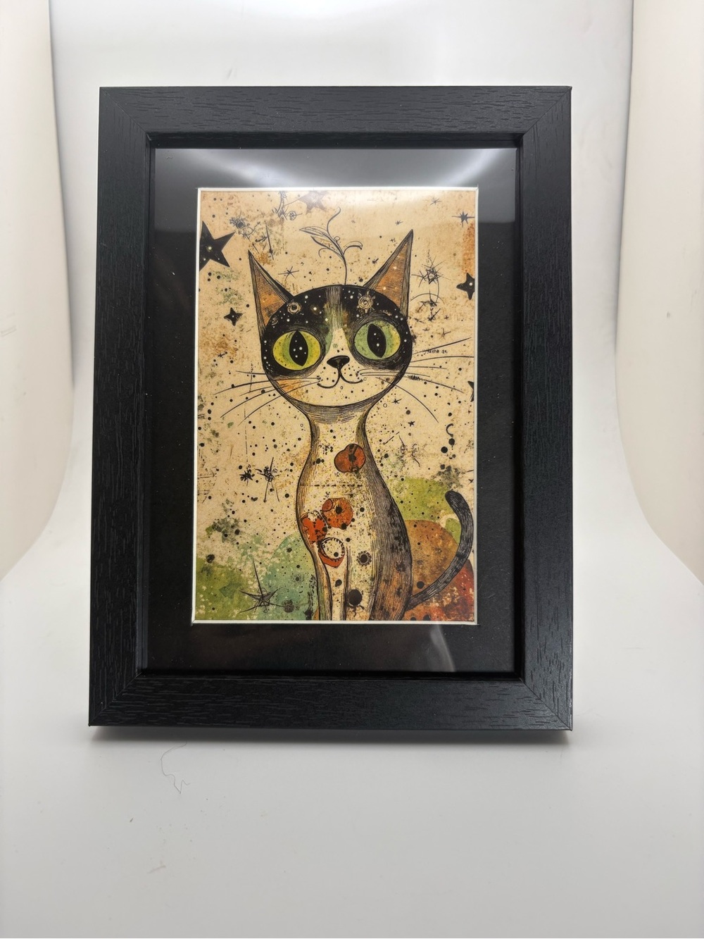 Whimsical Black Cat Art Print – Framed 5x7 Witchy Cat Decor